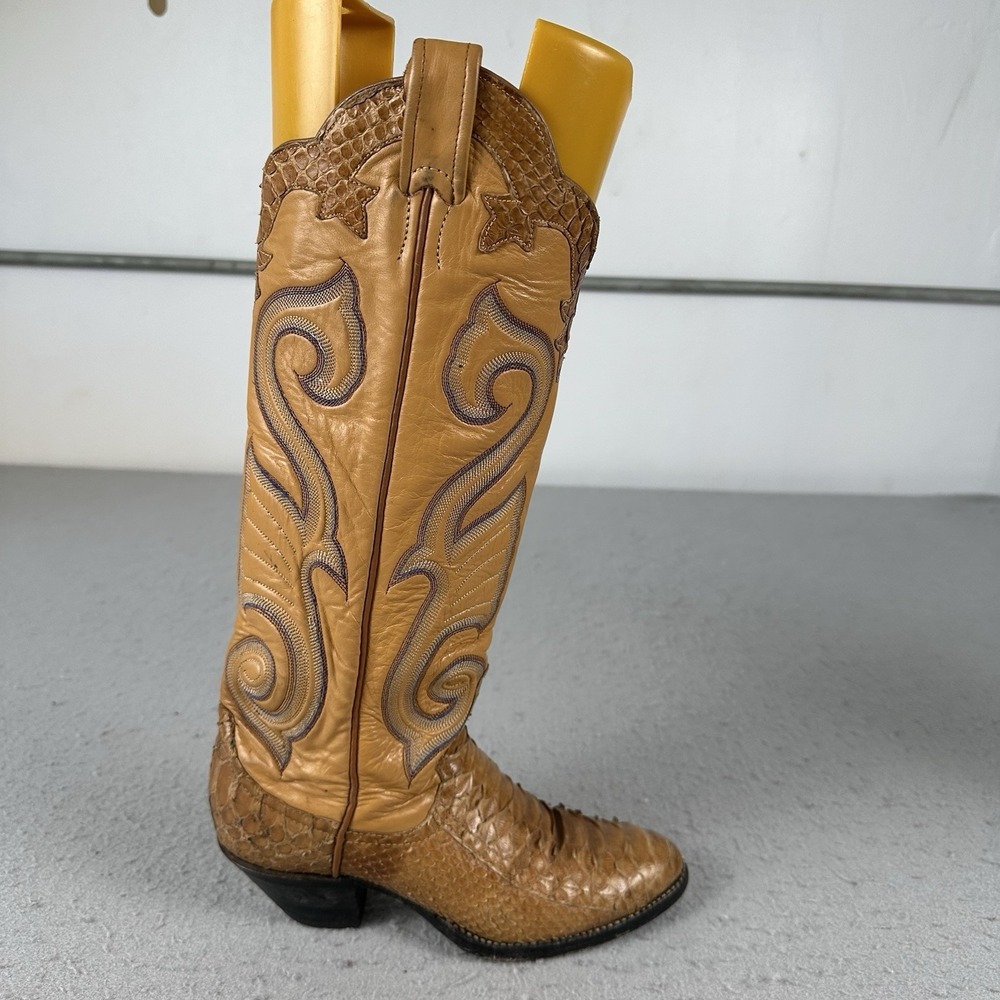 Vintage Larry Mahan Python Skin Cowgirl Boots Women 6.5B Brown Leather Western - Picture 2 of 16
